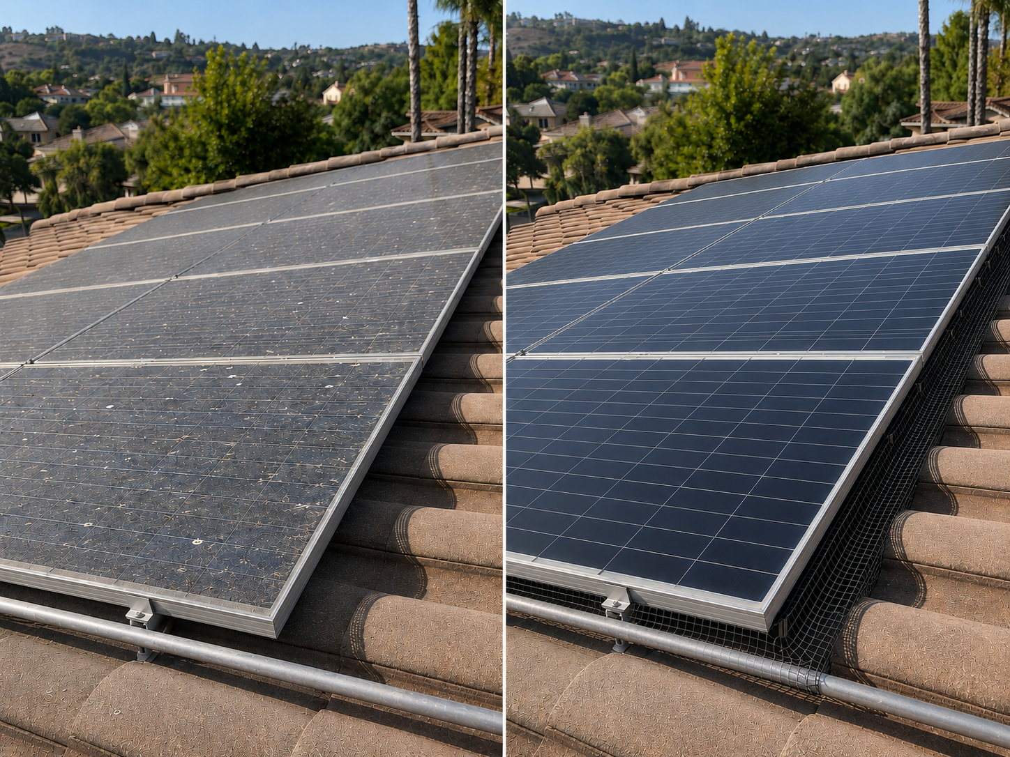 Before and after solar panel cleaning and bird proofing comparison